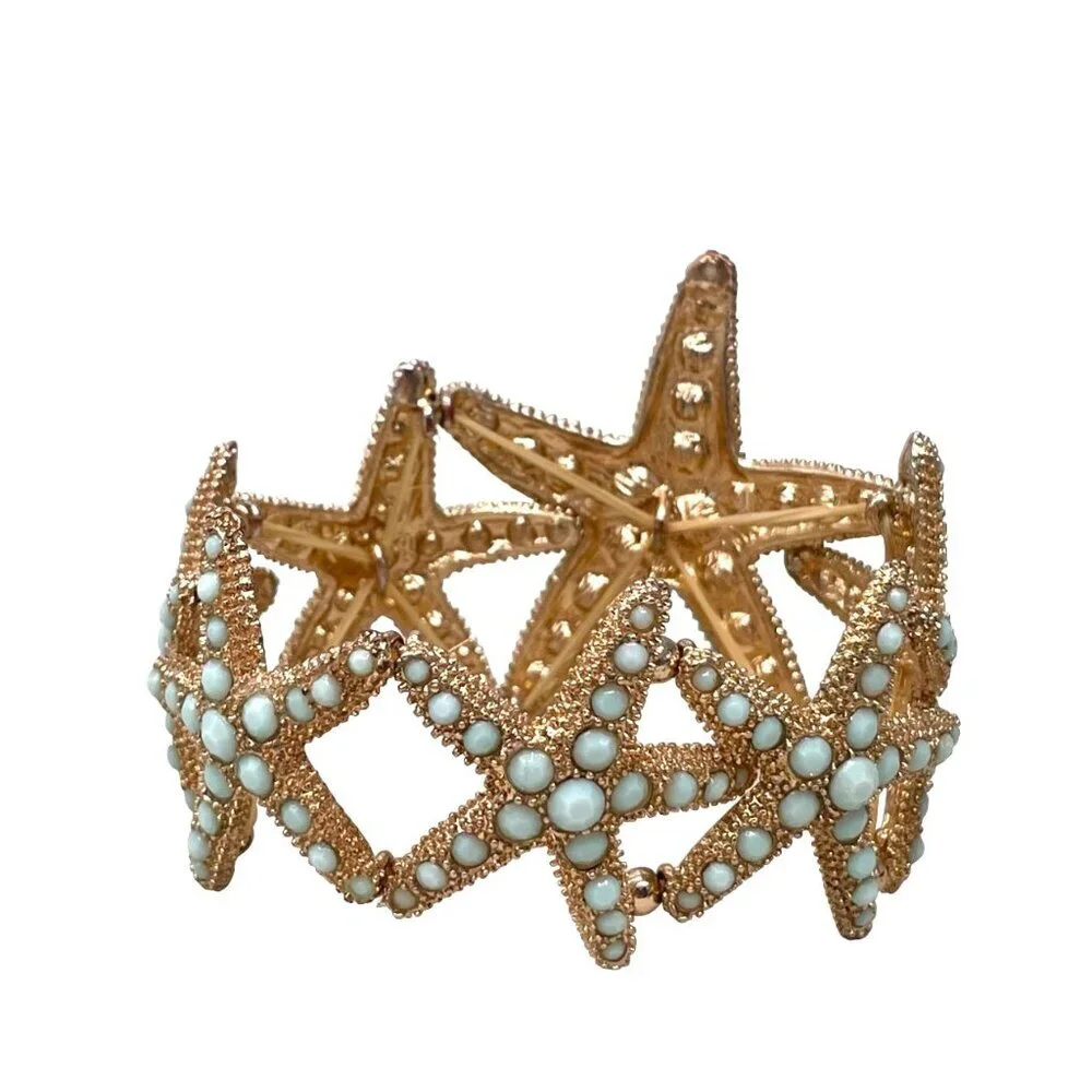 Starfish Mint Studded Stretch Bracelet Gold Tone Evening Classic Date Night